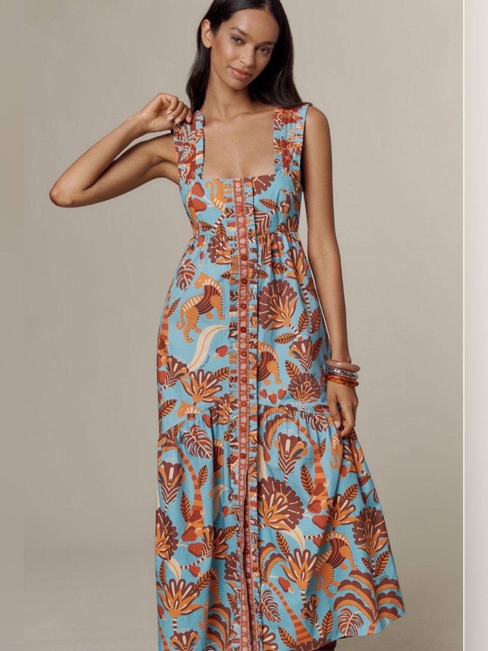 Anthropologie X Farm Rio Square Neck Midi Dress Size Large Nwt